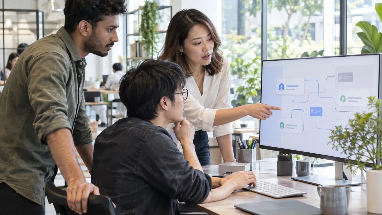 Developers and a business owner reviewing a chat-conversation flow diagram on a monitor in a bright office