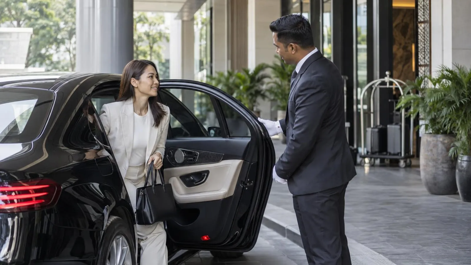 A chauffeur holding the rear door of a black sedan for a business passenger
