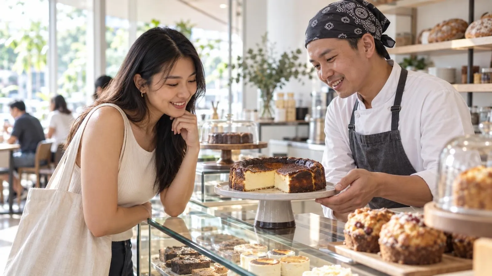 Cheesecakes: a customer and a provider in a bright, modern setting
