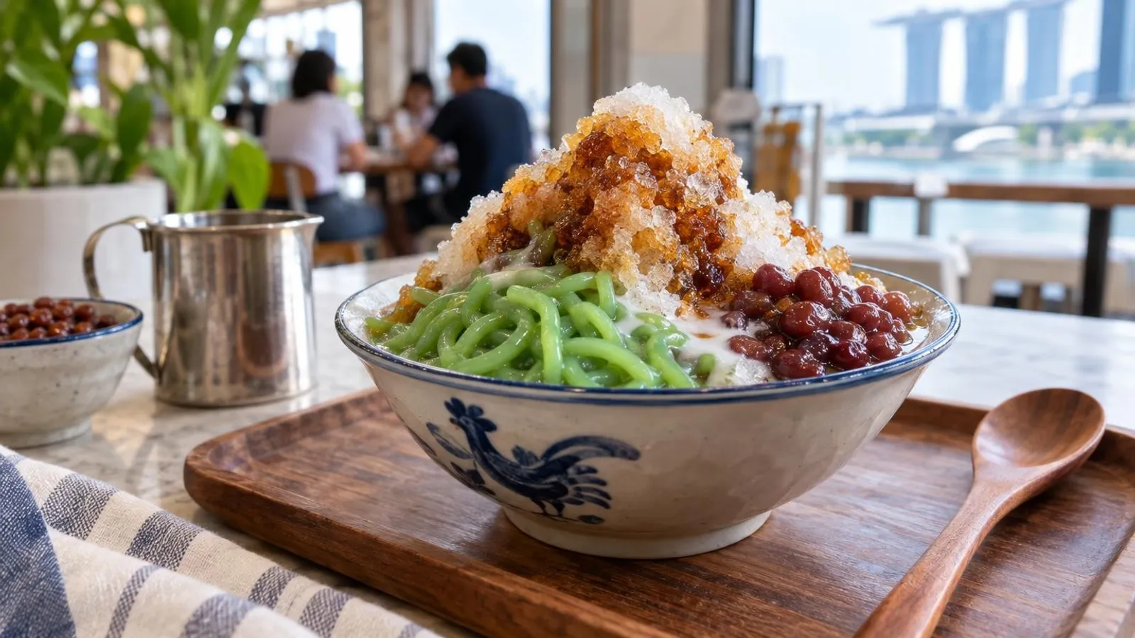 A bowl of Singapore chendol with shaved ice, pandan jelly, red beans, gula melaka and coconut milk