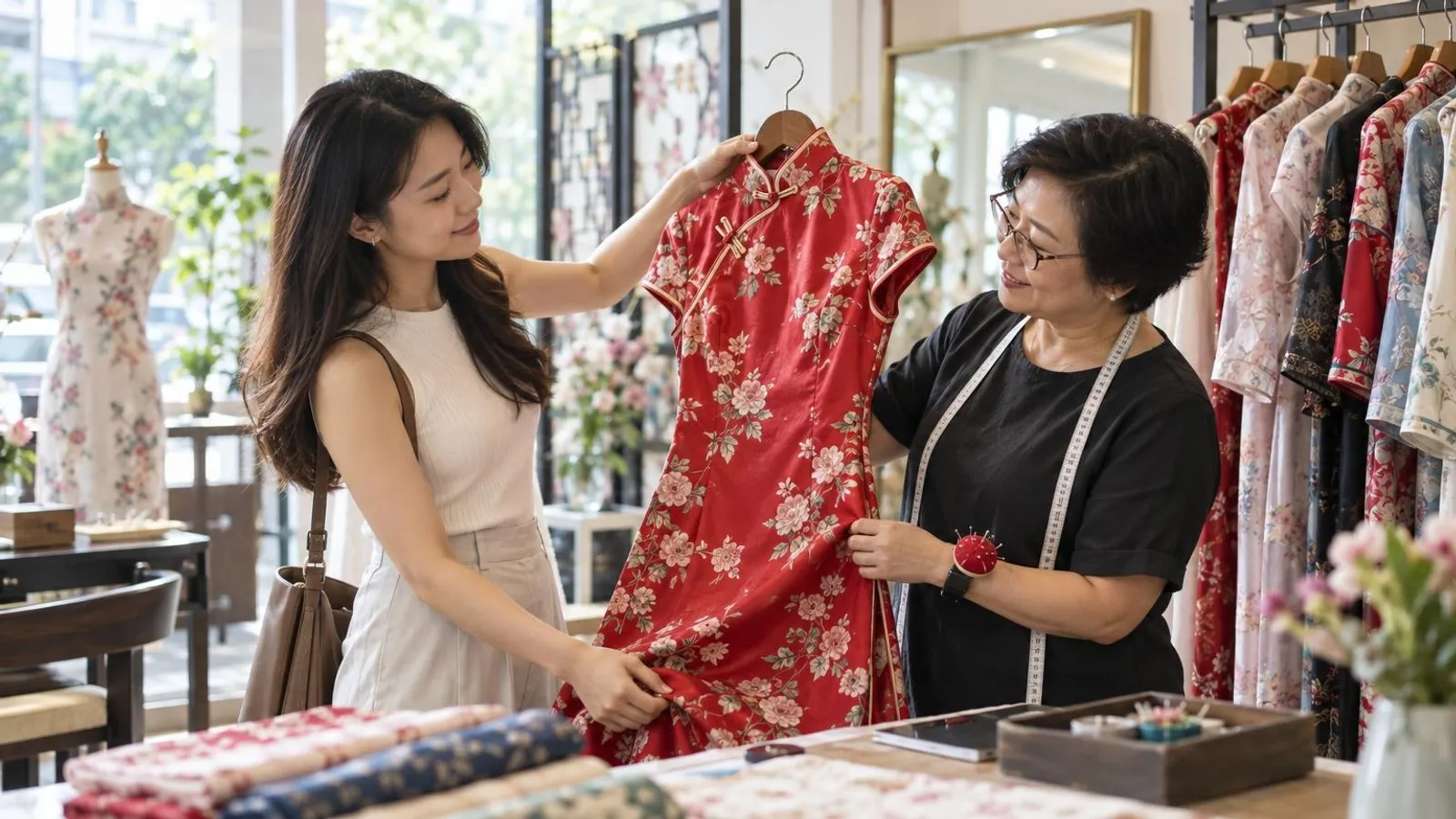 Cheongsam and Qipao Shops: a customer and a provider in a bright, modern setting