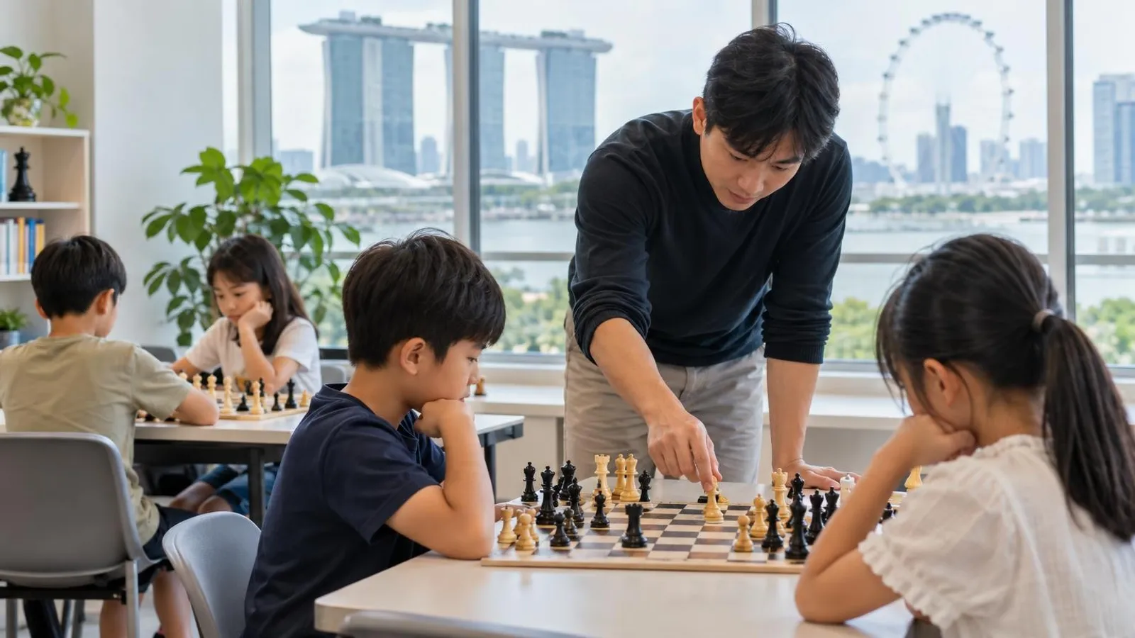 Children and an instructor at a chess class in a bright Singapore enrichment centre