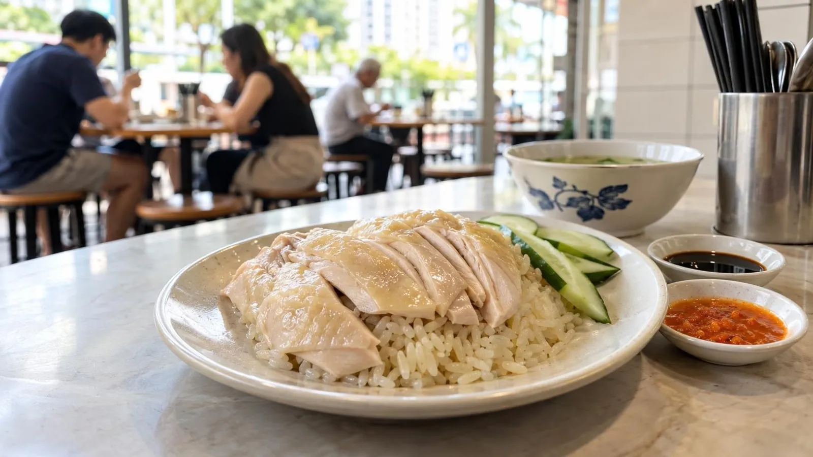 A plate of Hainanese chicken rice with chilli and dark soy at a Singapore eatery