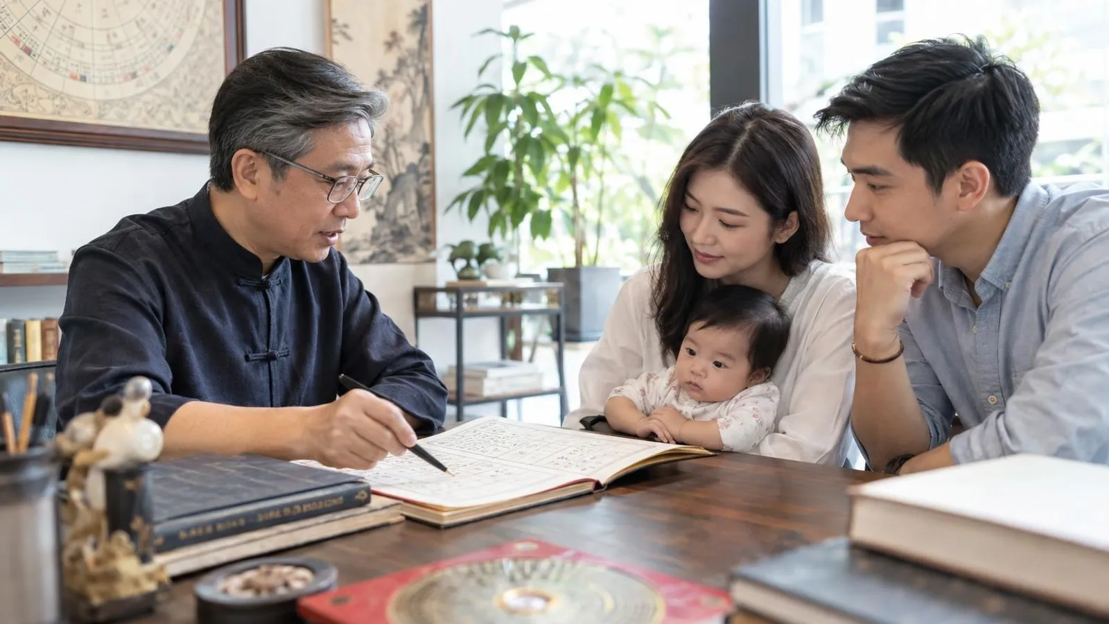 Chinese Baby Naming Services: a customer and a provider in a bright, modern setting