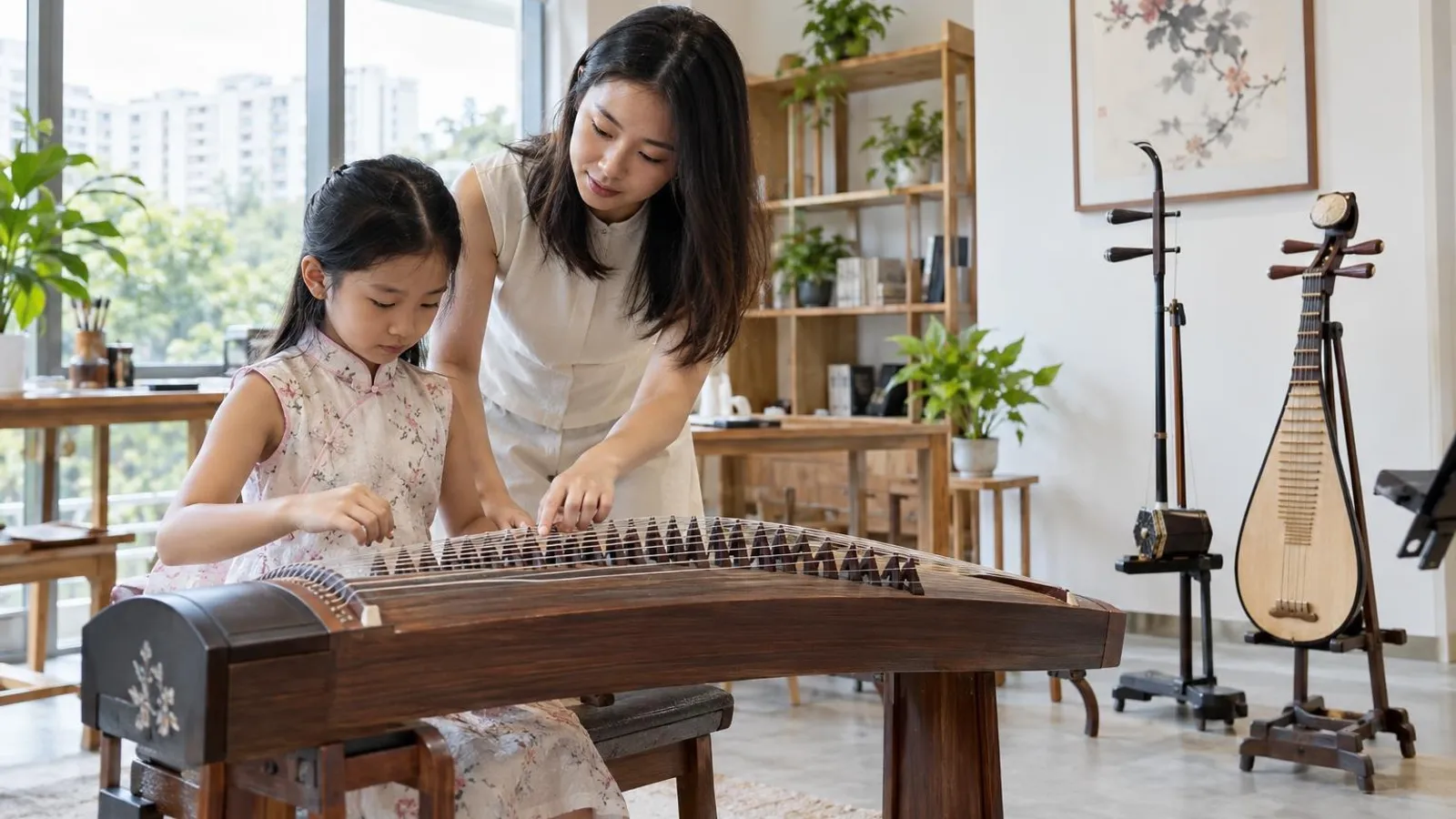 A teacher guiding a young student playing a guzheng in a music room