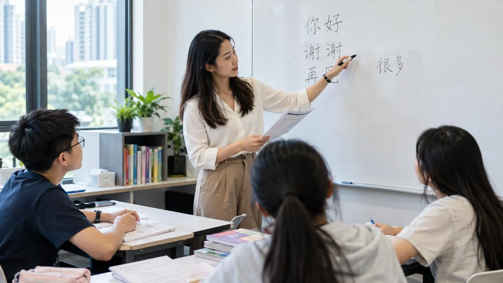 A tutor teaching Chinese characters on a whiteboard to students in a bright Singapore tuition classroom