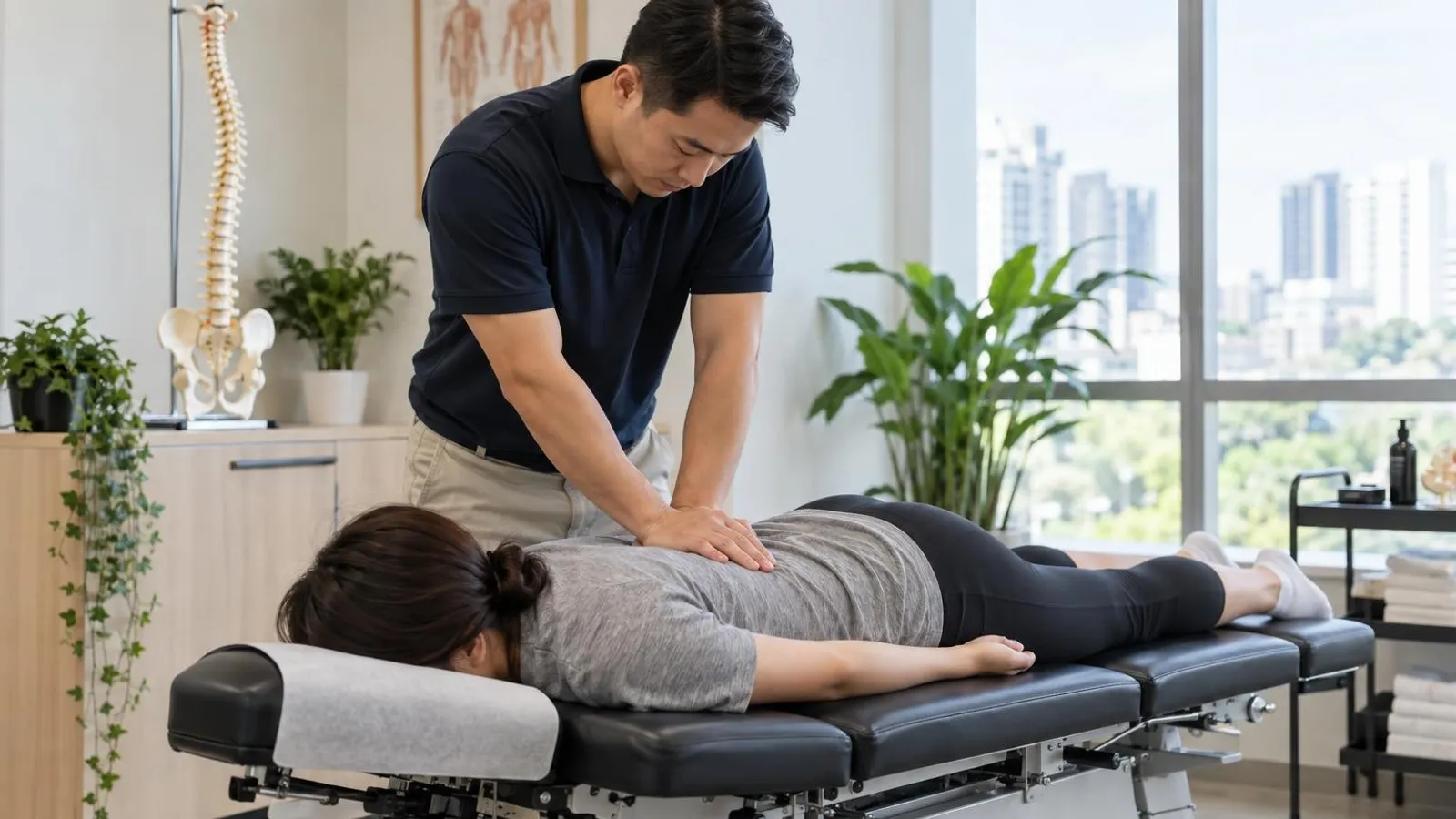 A chiropractor performing a spinal adjustment on a patient in a modern Singapore clinic