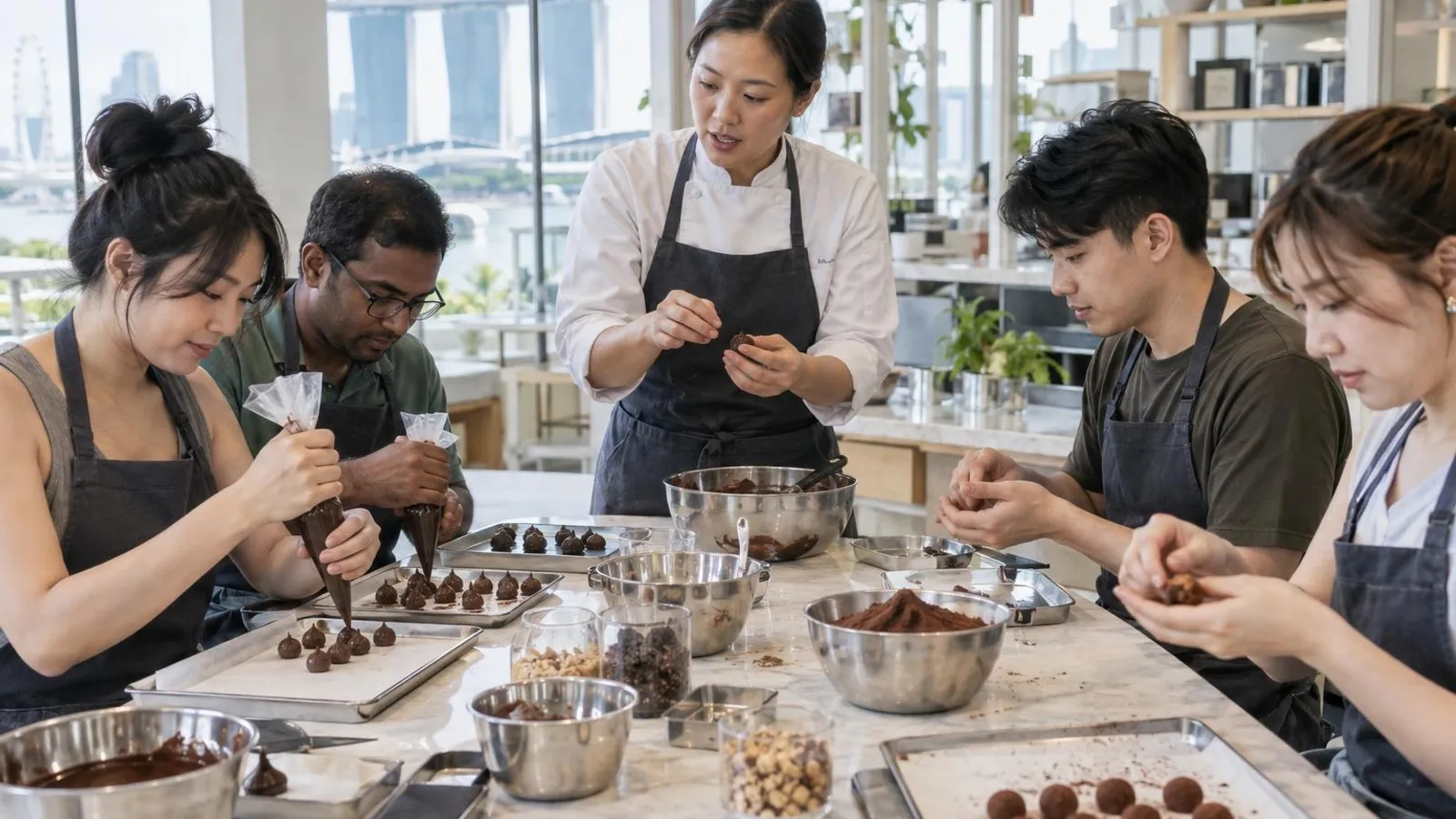 A group in aprons piping chocolate truffles at a workshop table as a chef demonstrates