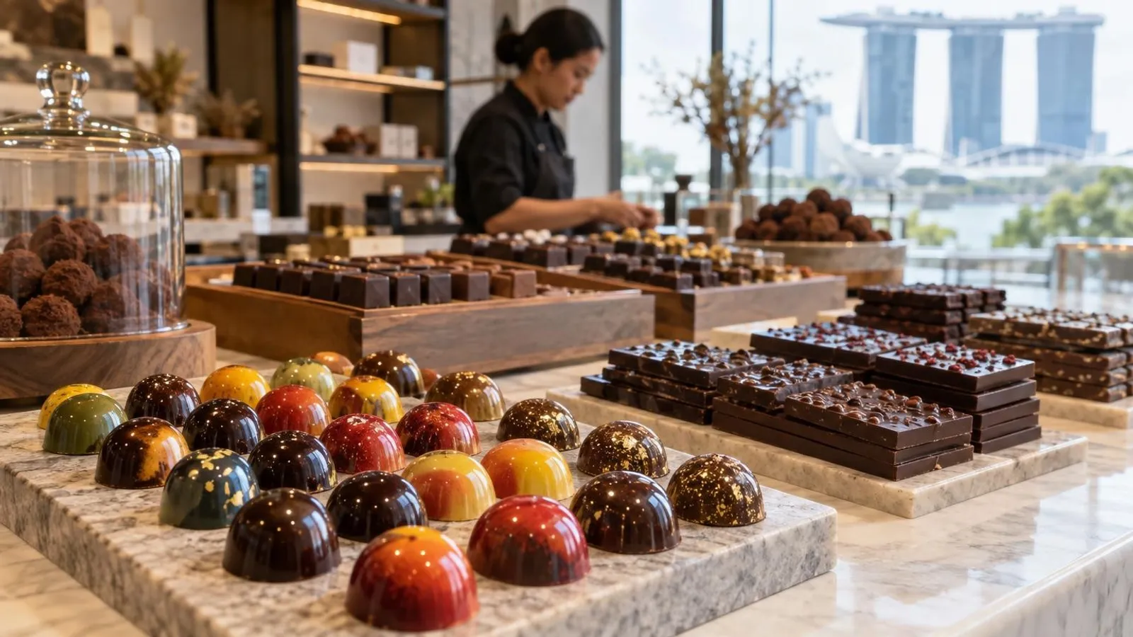 An elegant display of artisan chocolate bonbons and bean-to-bar bars at a Singapore chocolatier
