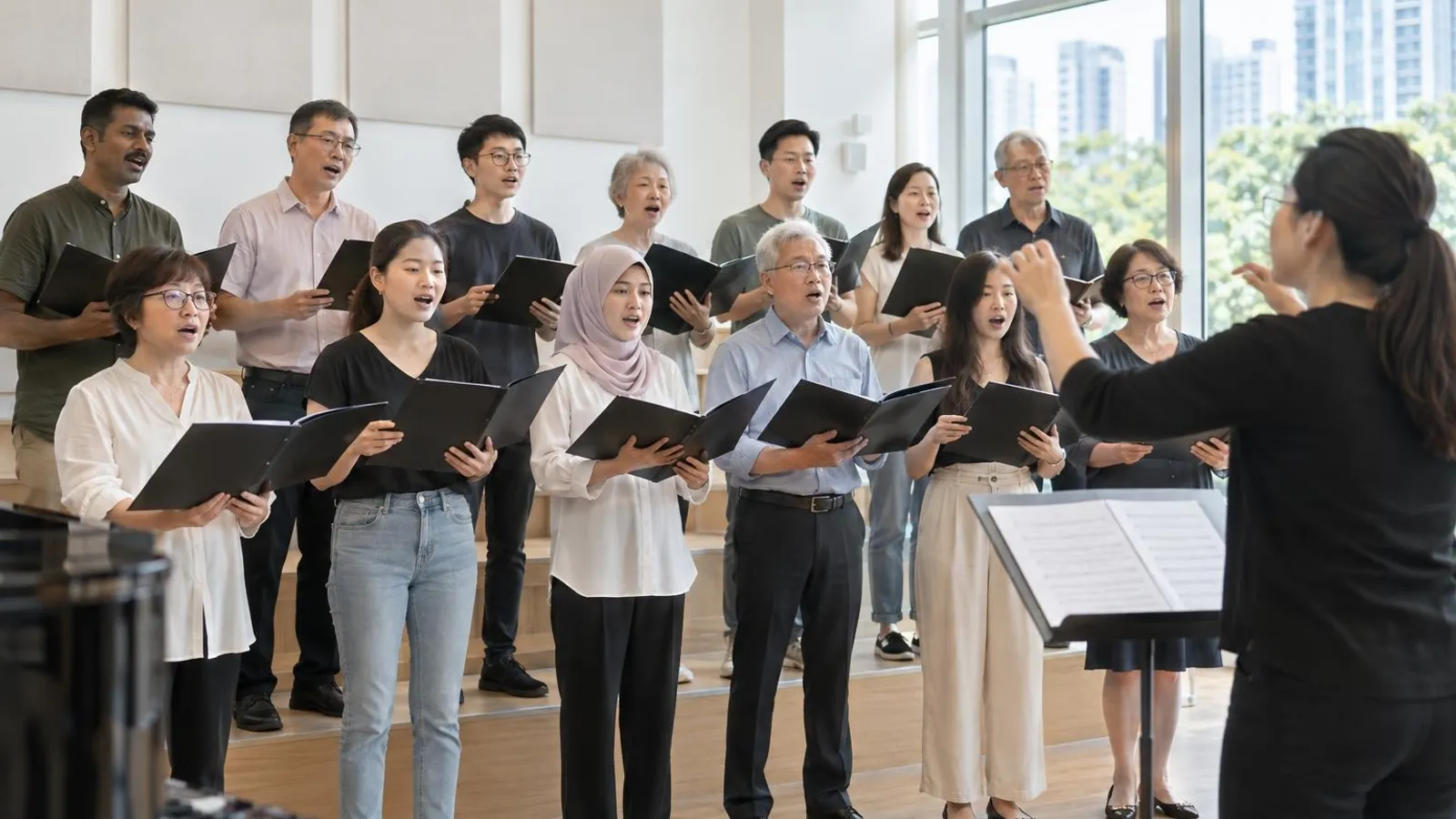 A community choir of mixed ages singing from folders as a conductor leads in a bright hall