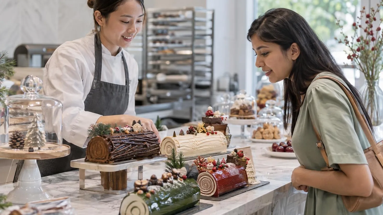Christmas Log Cakes: a customer and a provider in a bright, modern setting
