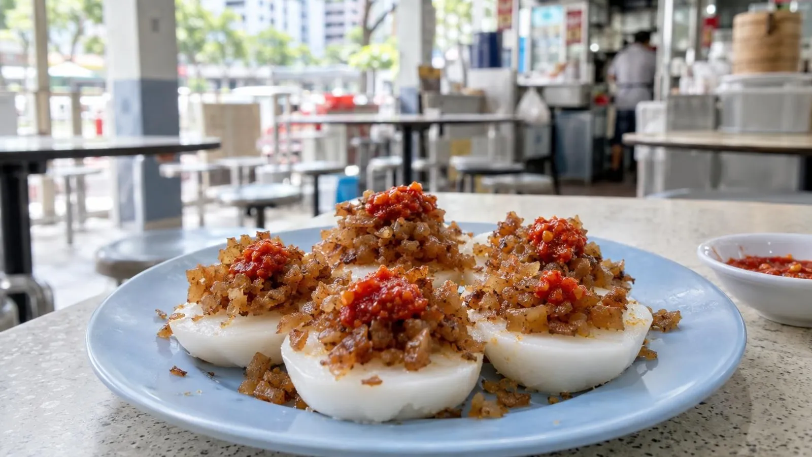 A close-up plate of steamed chwee kueh rice cakes topped with preserved radish and chilli at a bright Singapore hawker stall