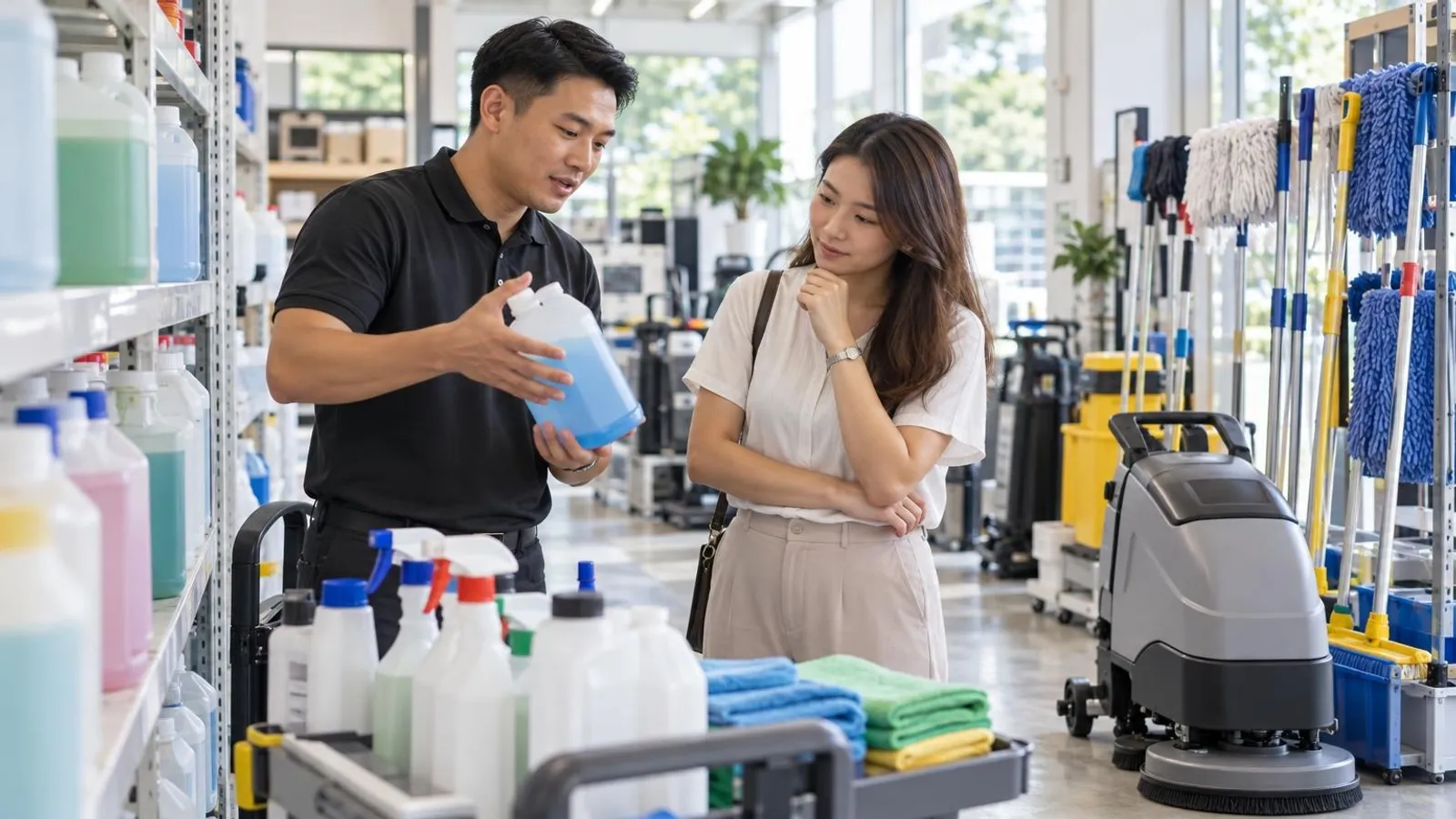 Cleaning Supplies and Janitorial Suppliers: a customer and a provider in a bright, modern setting
