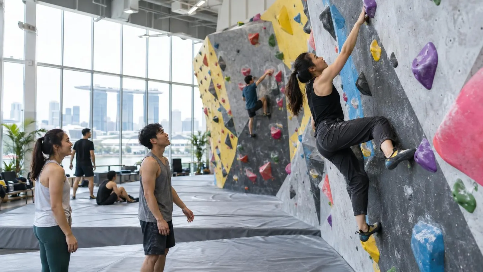 People bouldering on a colourful climbing wall at a bright indoor Singapore climbing gym