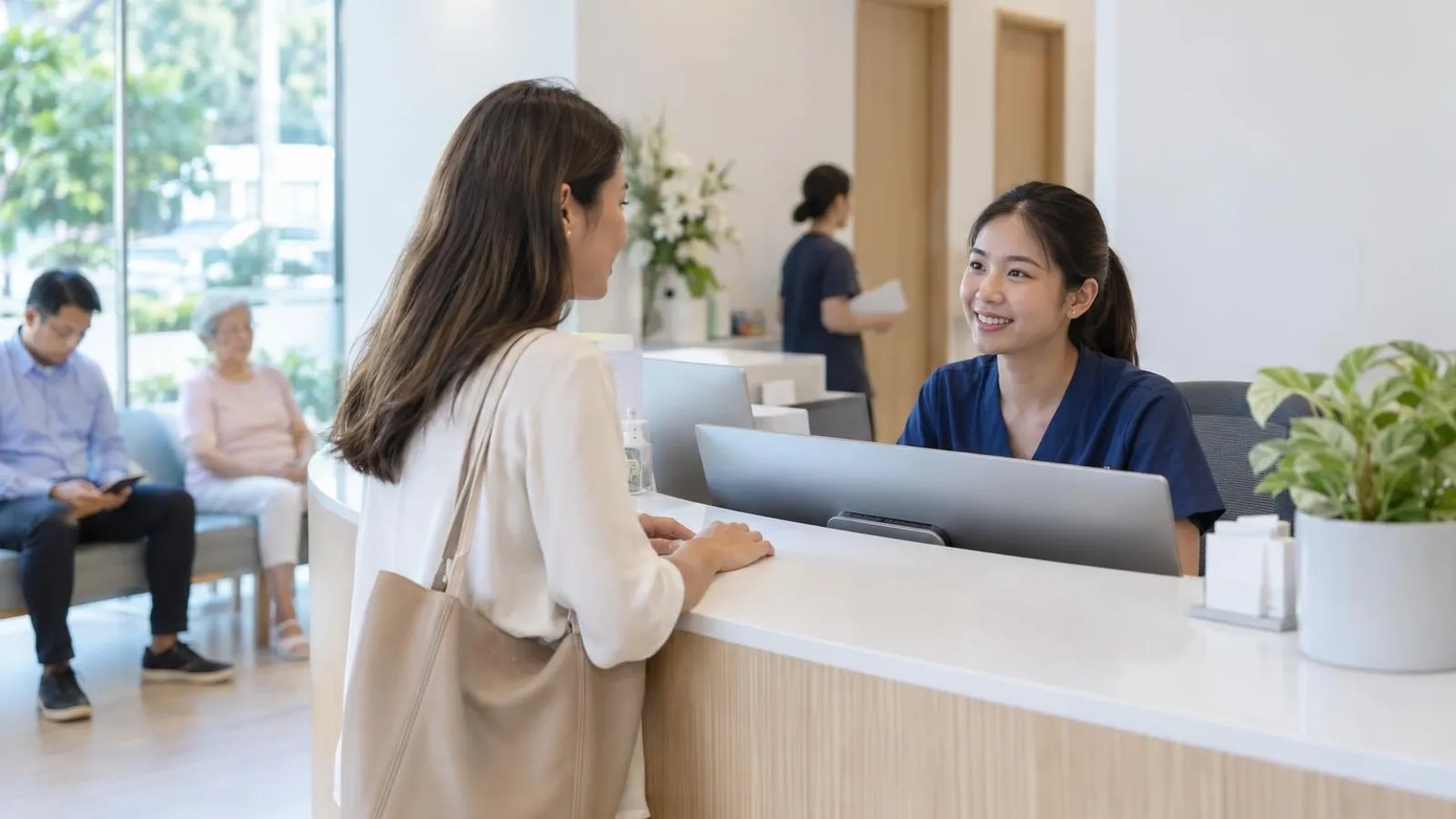 A friendly clinic receptionist using a computer at a bright modern clinic front desk while a patient checks in