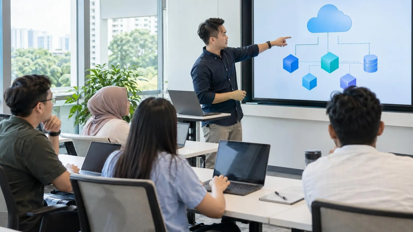 A trainer presenting a cloud-architecture diagram to learners with laptops in a bright training room
