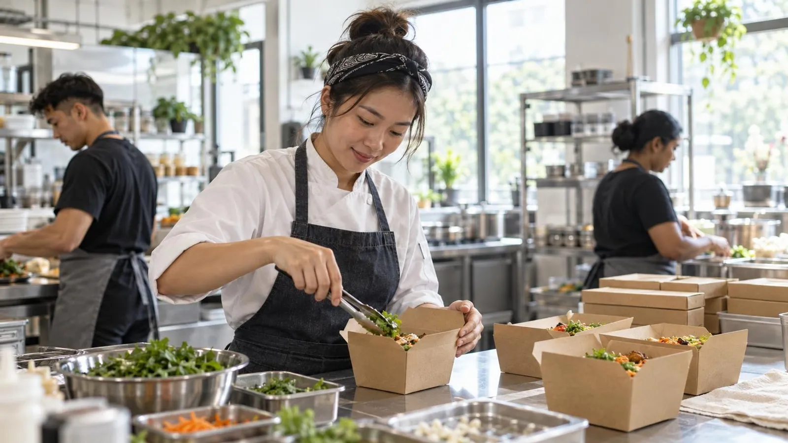 Cloud Kitchen and Shared Kitchen Rental Providers: a customer and a provider in a bright, modern setting