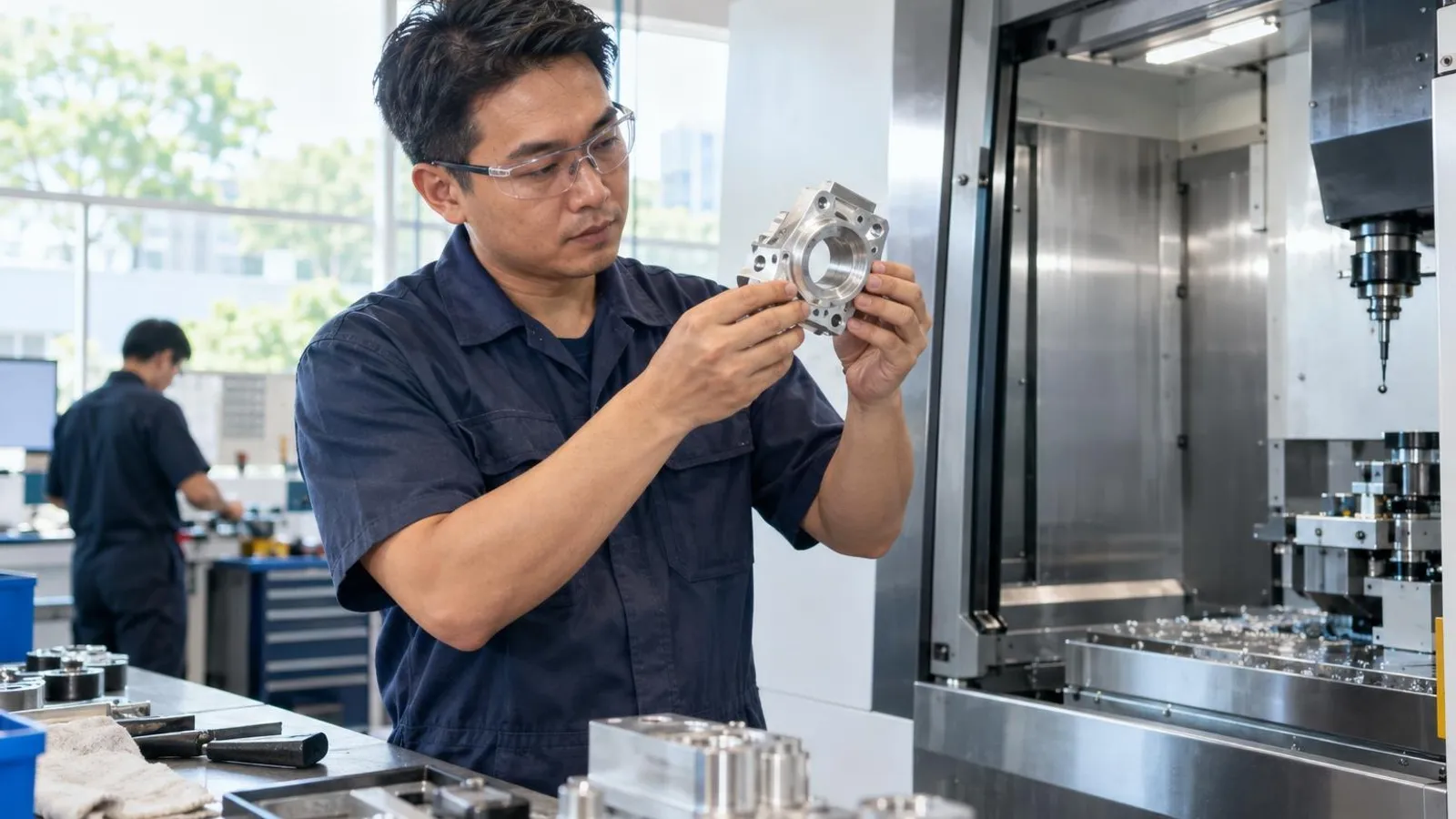 A machinist inspecting a freshly milled metal part beside a CNC machine in a bright clean workshop