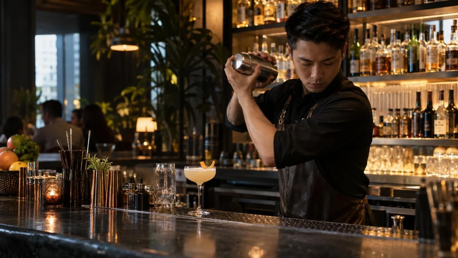 A bartender crafting a cocktail at a stylish Singapore cocktail bar