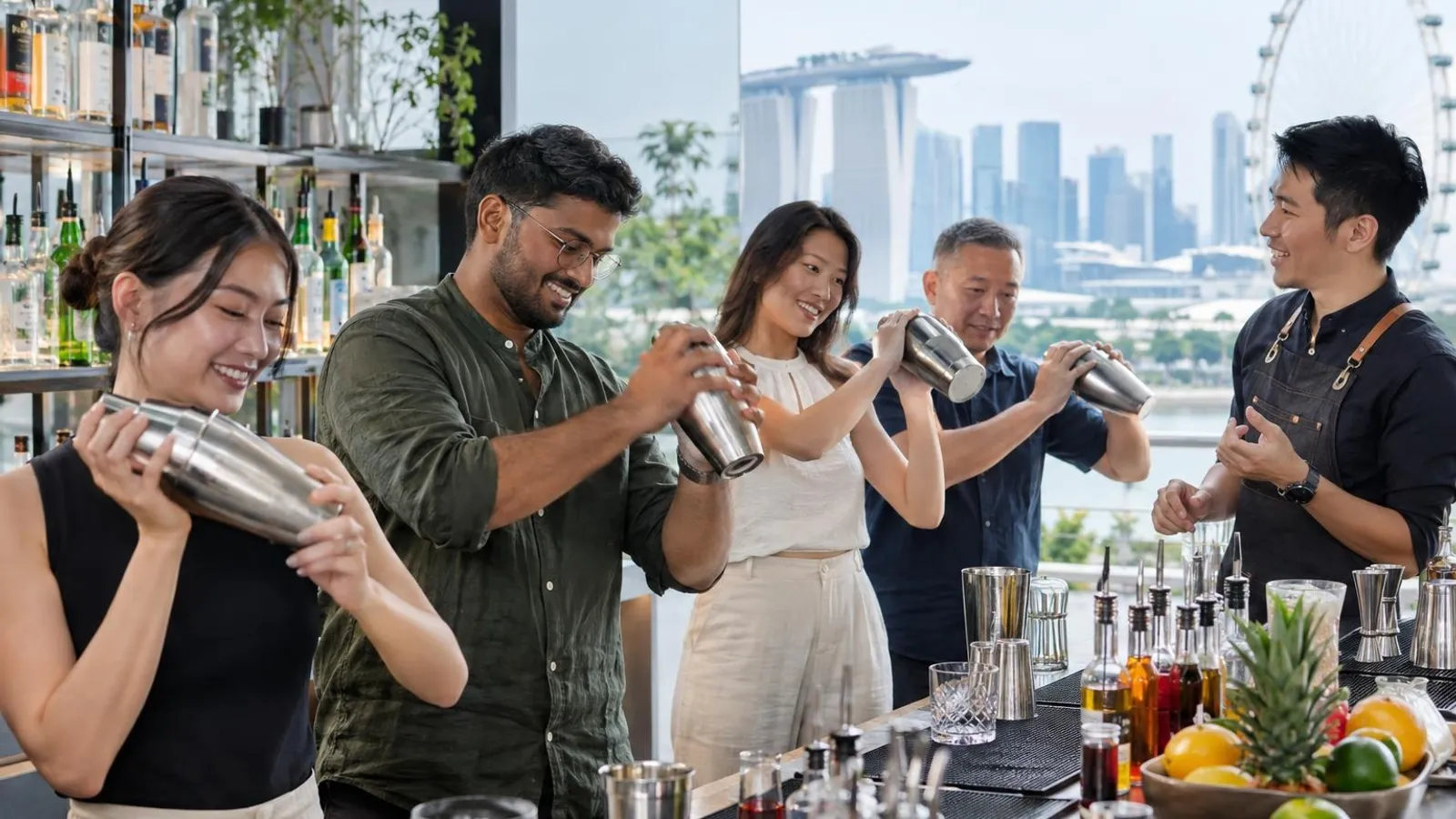 A small group learning to shake cocktails behind a bar with a bartender instructor at a bright modern Singapore mixology class