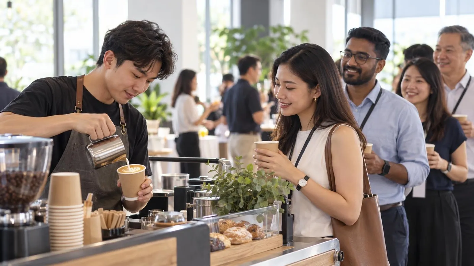 Coffee Cart Catering Services: a customer and a provider in a bright, modern setting