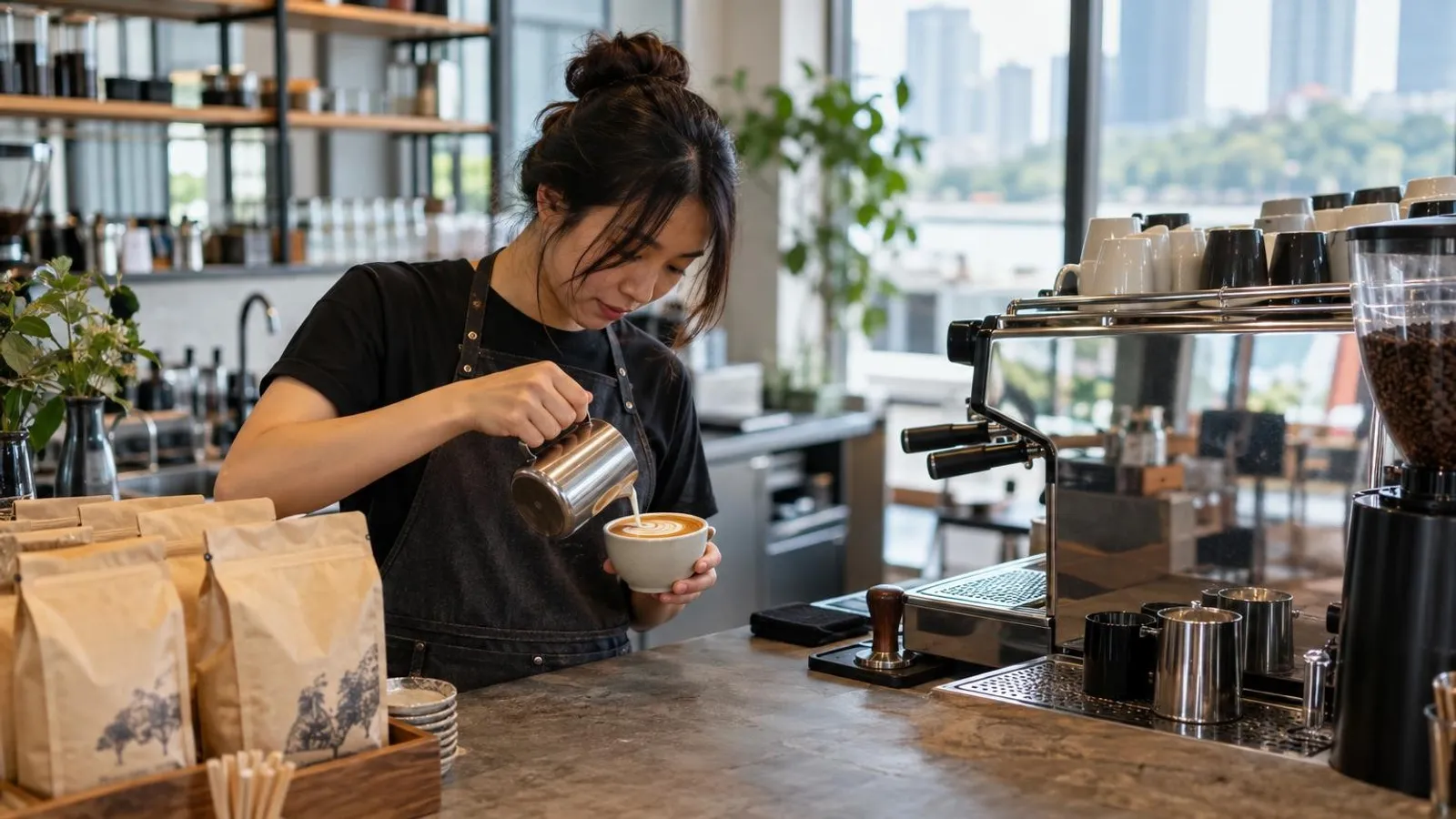 A barista pouring latte art at a specialty coffee roastery cafe in Singapore