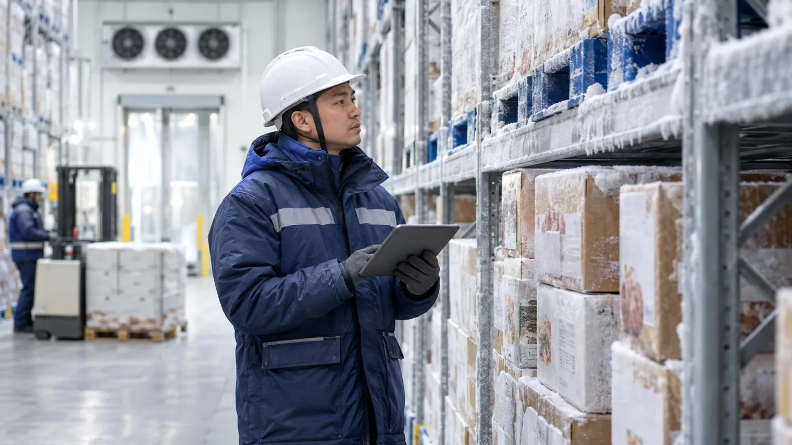A worker in a thermal jacket checking stacked chilled cartons on racks in a cold storage warehouse