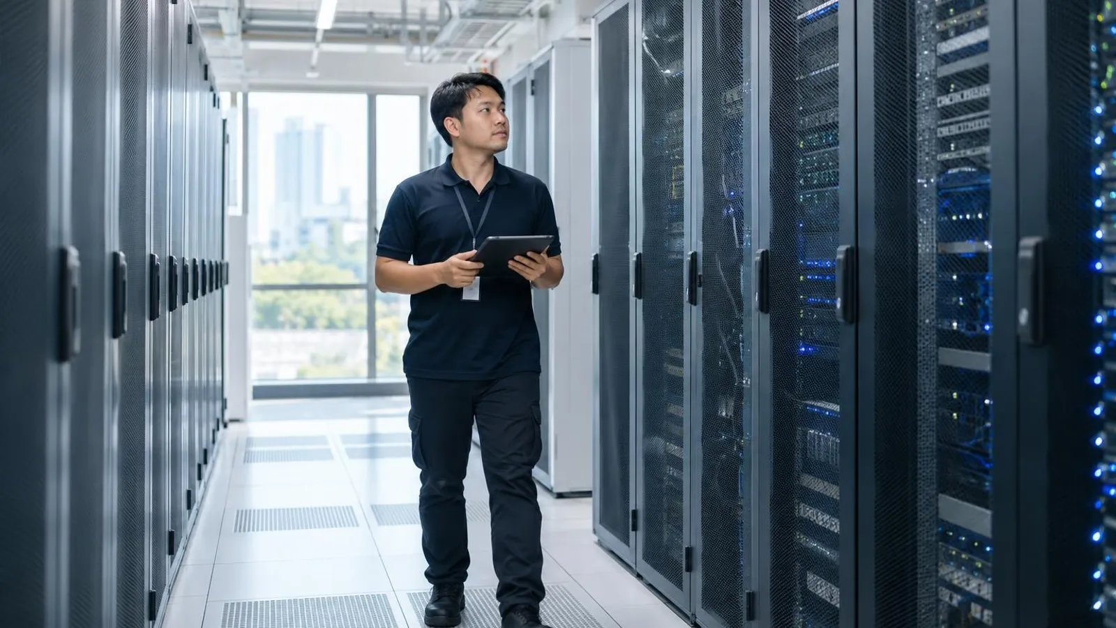 A technician walking a bright clean data-centre aisle between rows of server cabinets with a tablet