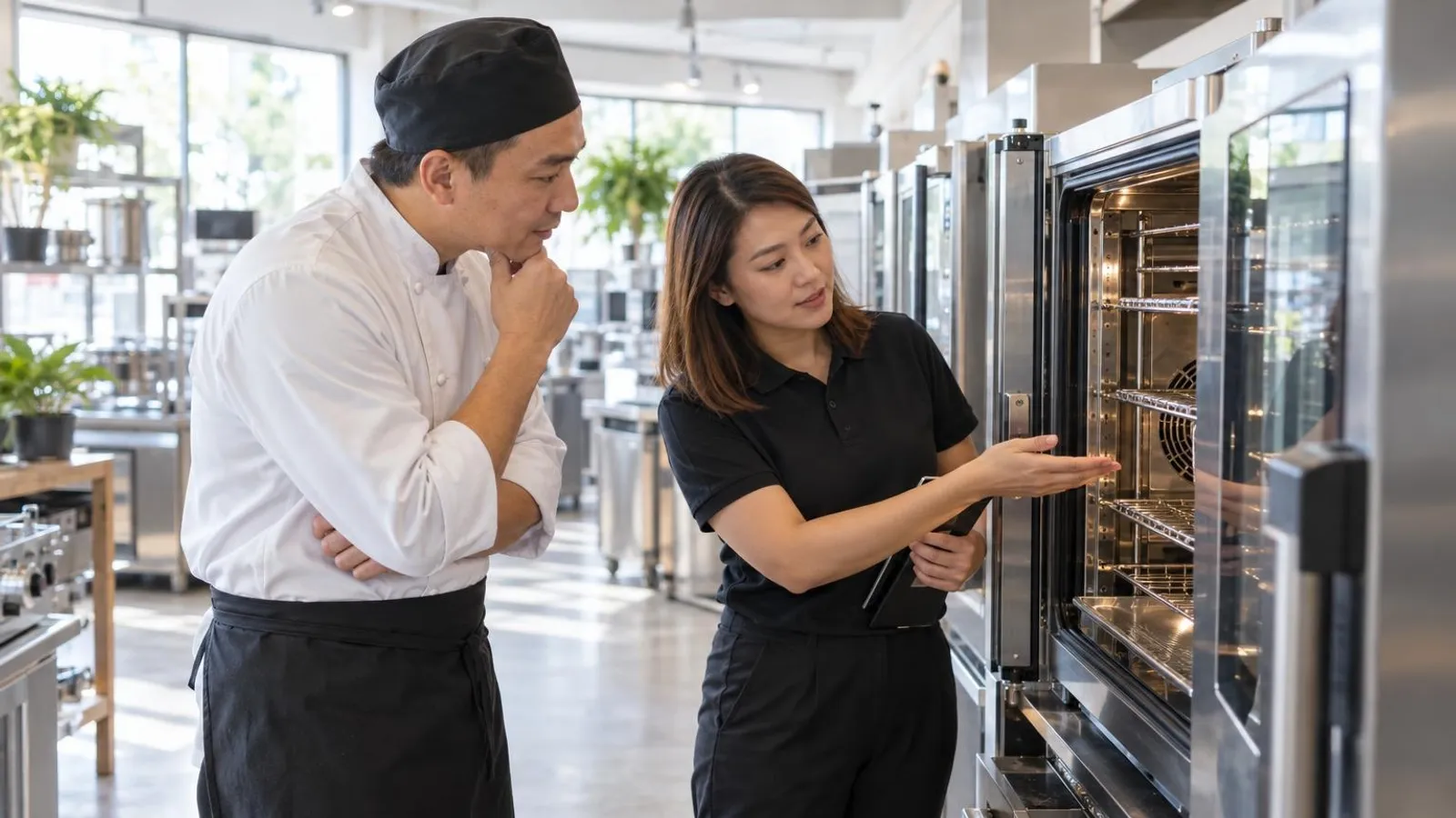Commercial Kitchen Equipment Suppliers: a customer and a provider in a bright, modern setting