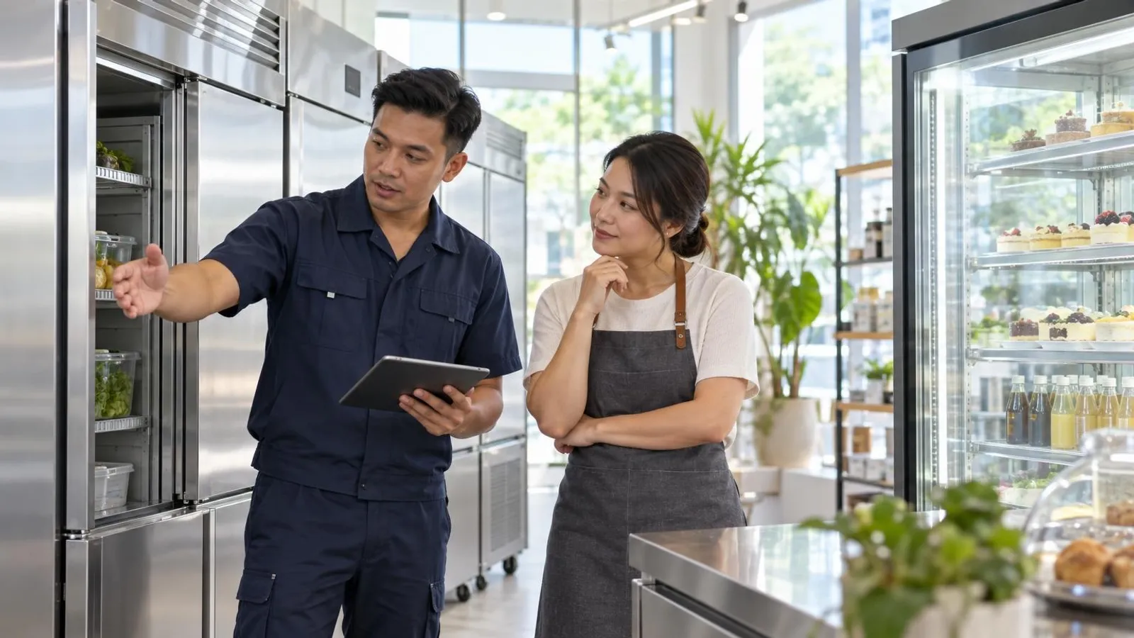 Commercial Refrigeration Suppliers: a customer and a provider in a bright, modern setting
