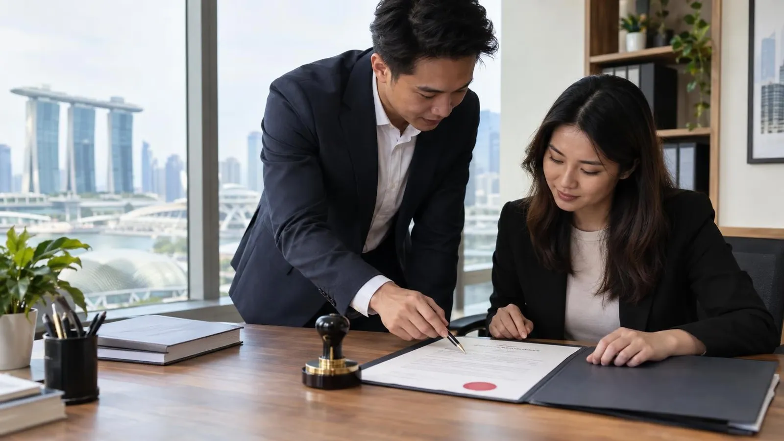 A consultant and client signing a company registration certificate with a company seal in Singapore