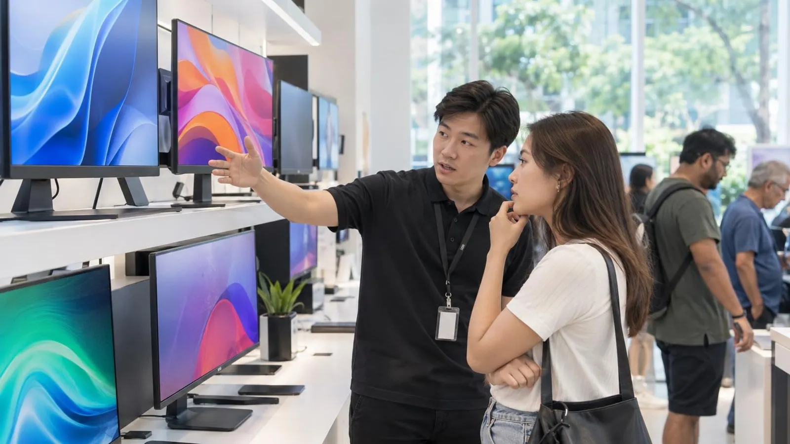 A shop assistant showing computer monitors to a customer in a bright electronics store