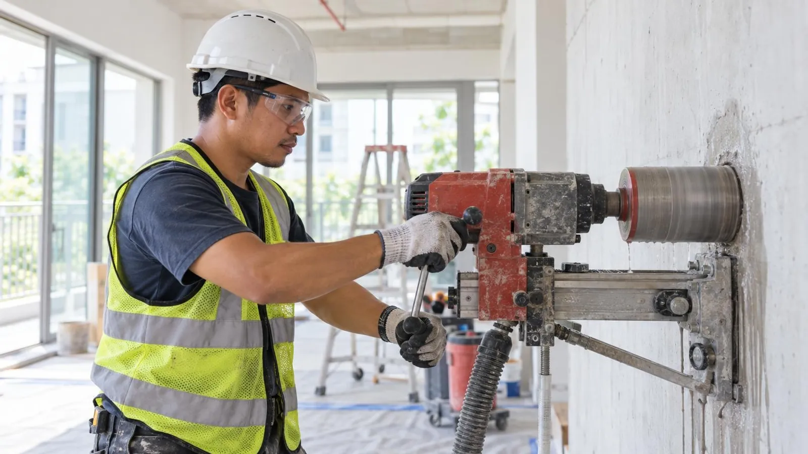 Concrete Cutting and Coring Contractors: a customer and a provider in a bright, modern setting