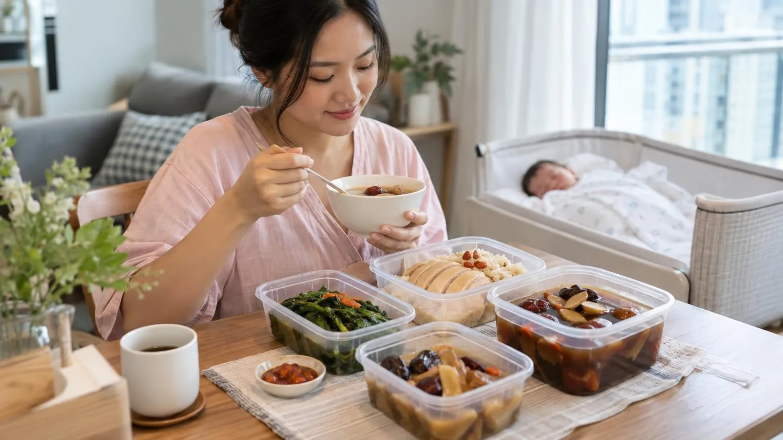 A new mother eating a confinement meal with tingkat containers of herbal soup and dishes, baby resting nearby