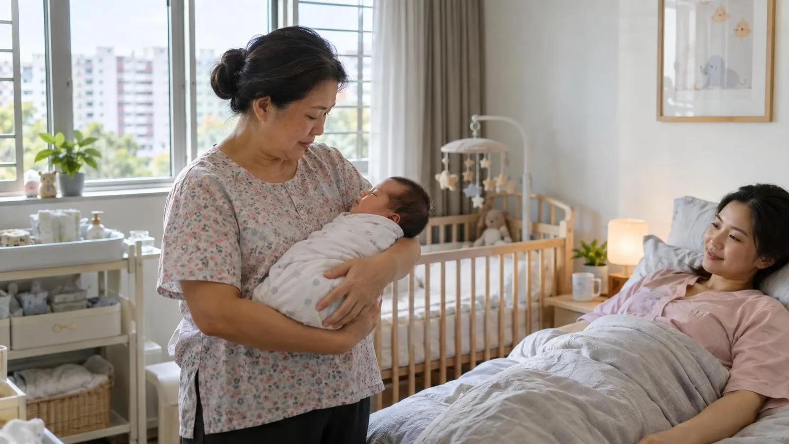 A confinement nanny gently holding a swaddled newborn in a bright HDB nursery as the mother rests