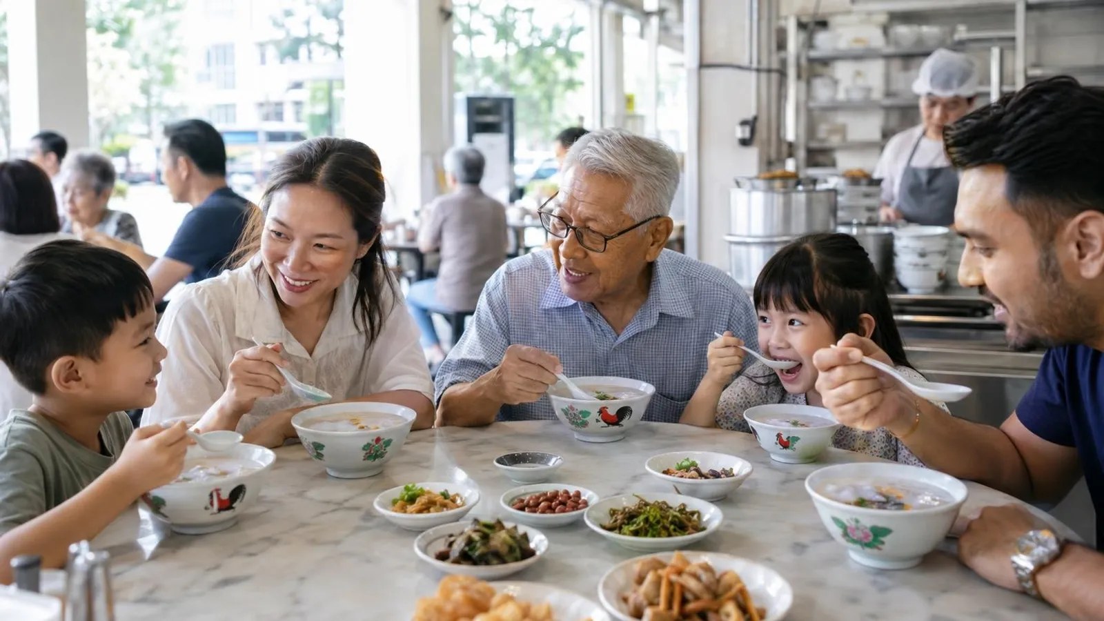 A family sharing bowls of congee and side dishes at a bright Singapore eatery