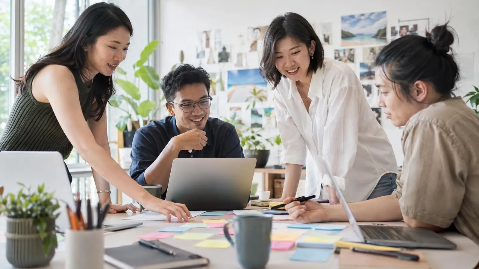 A content team brainstorming articles on sticky notes and laptops around a bright modern table