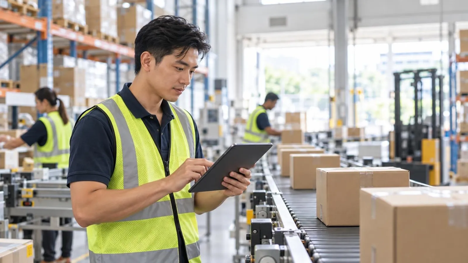 Conveyor System Suppliers: a customer and a provider in a bright, modern setting