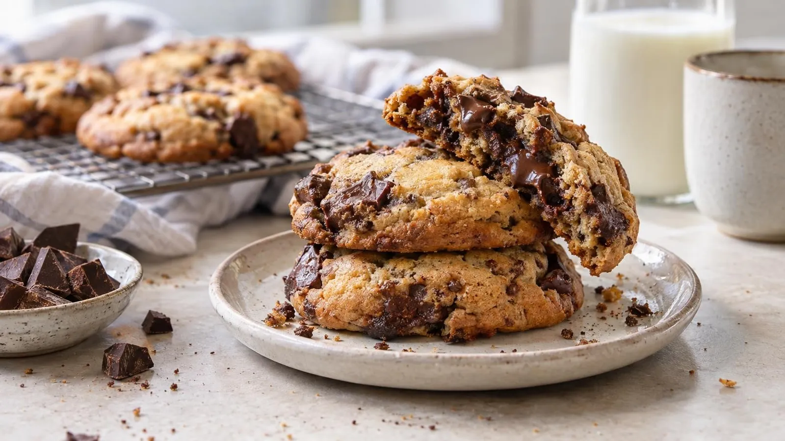 A stack of thick gourmet Singapore cookies with gooey chocolate chunks, one broken open