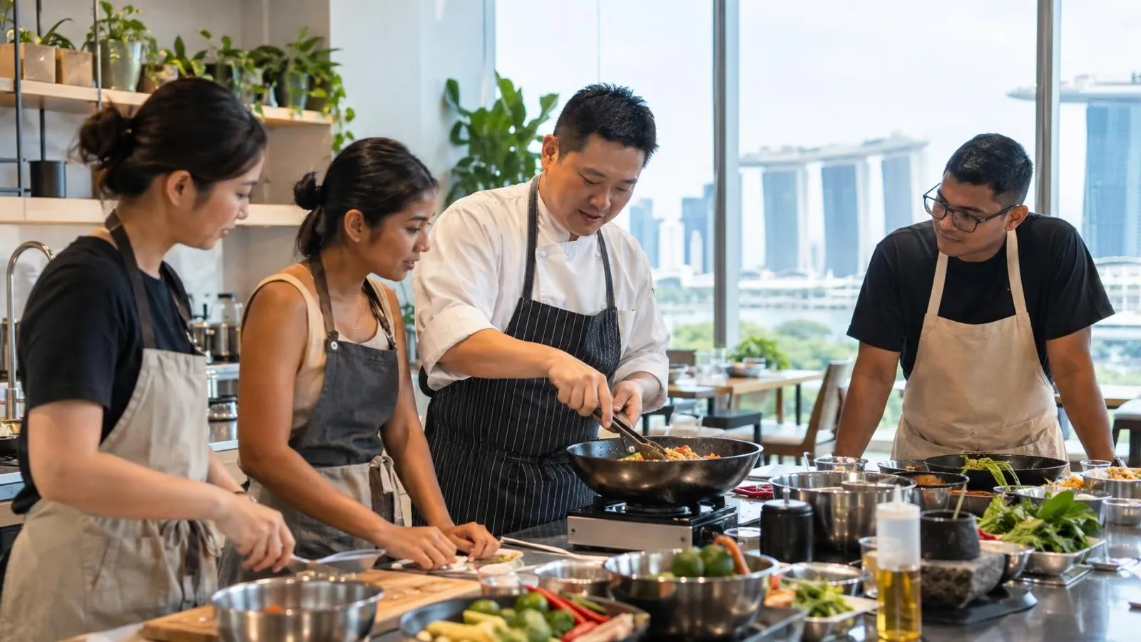 A chef instructor teaching participants to cook at a hands-on Singapore cooking class
