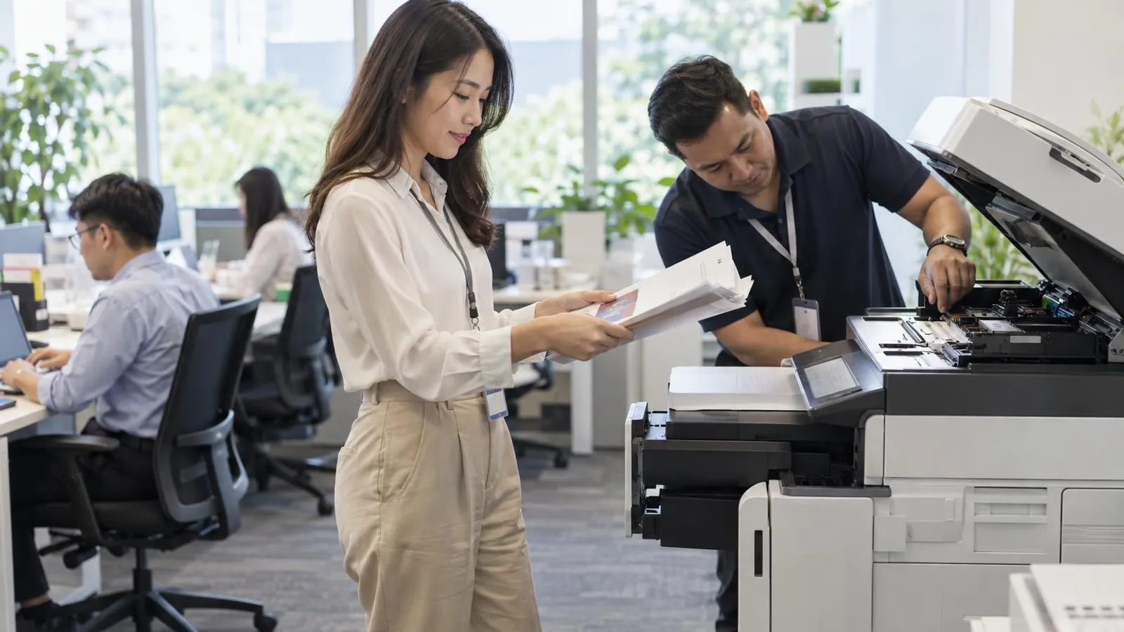 An office worker collecting printouts from a modern multifunction copier in a bright open-plan office