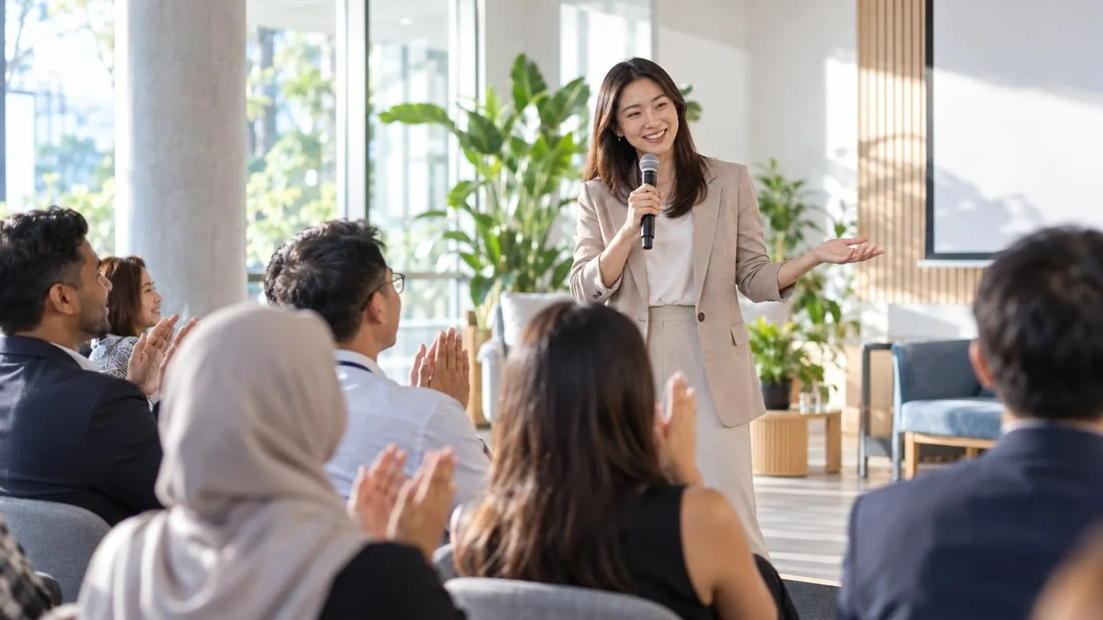 Corporate Emcees: a customer and a provider in a bright, modern setting