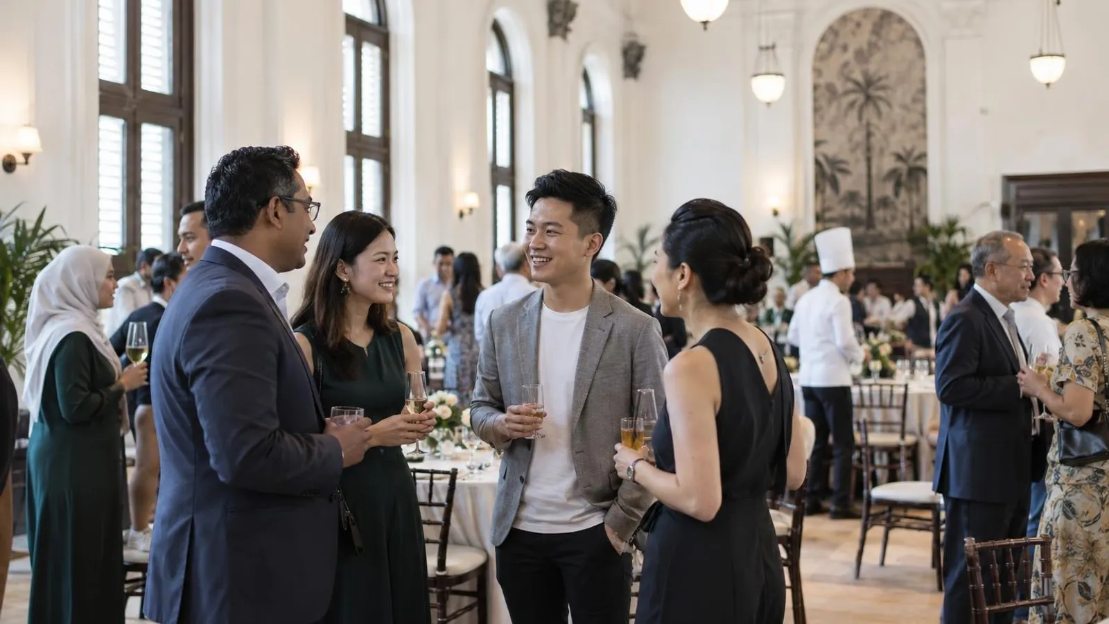 Colleagues mingling at a company event in a spacious heritage hall