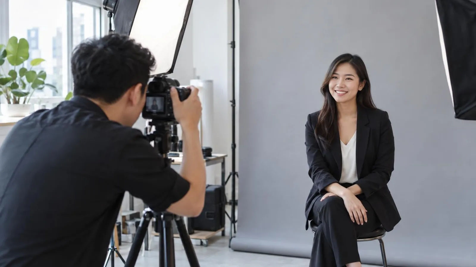 A photographer shooting a corporate headshot of a smiling businesswoman in a bright studio