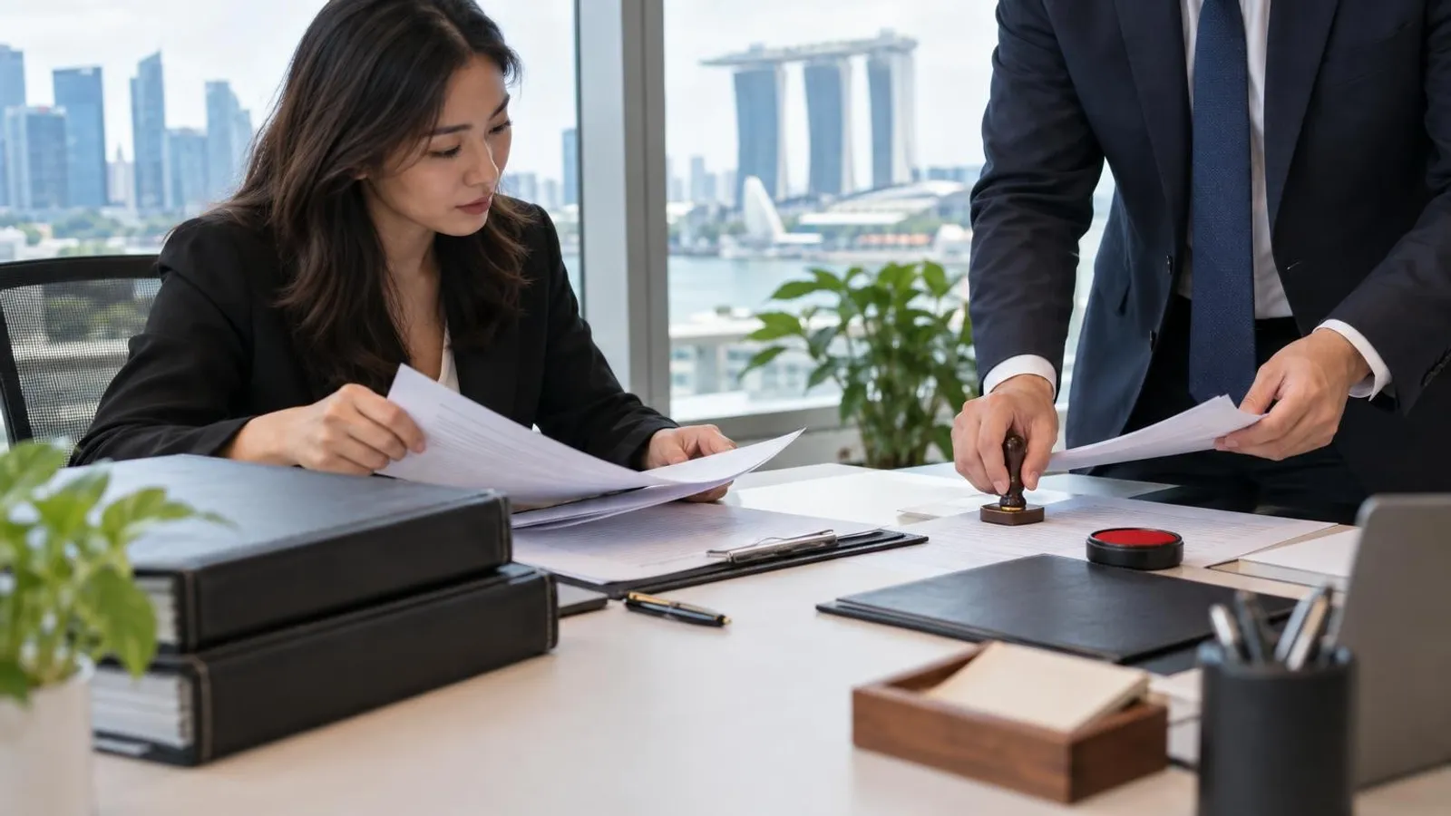 A corporate secretary stamping company documents with a seal at a Singapore office