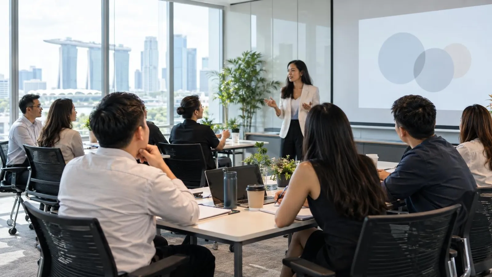 A corporate training workshop in a bright Singapore seminar room with a facilitator and engaged professionals