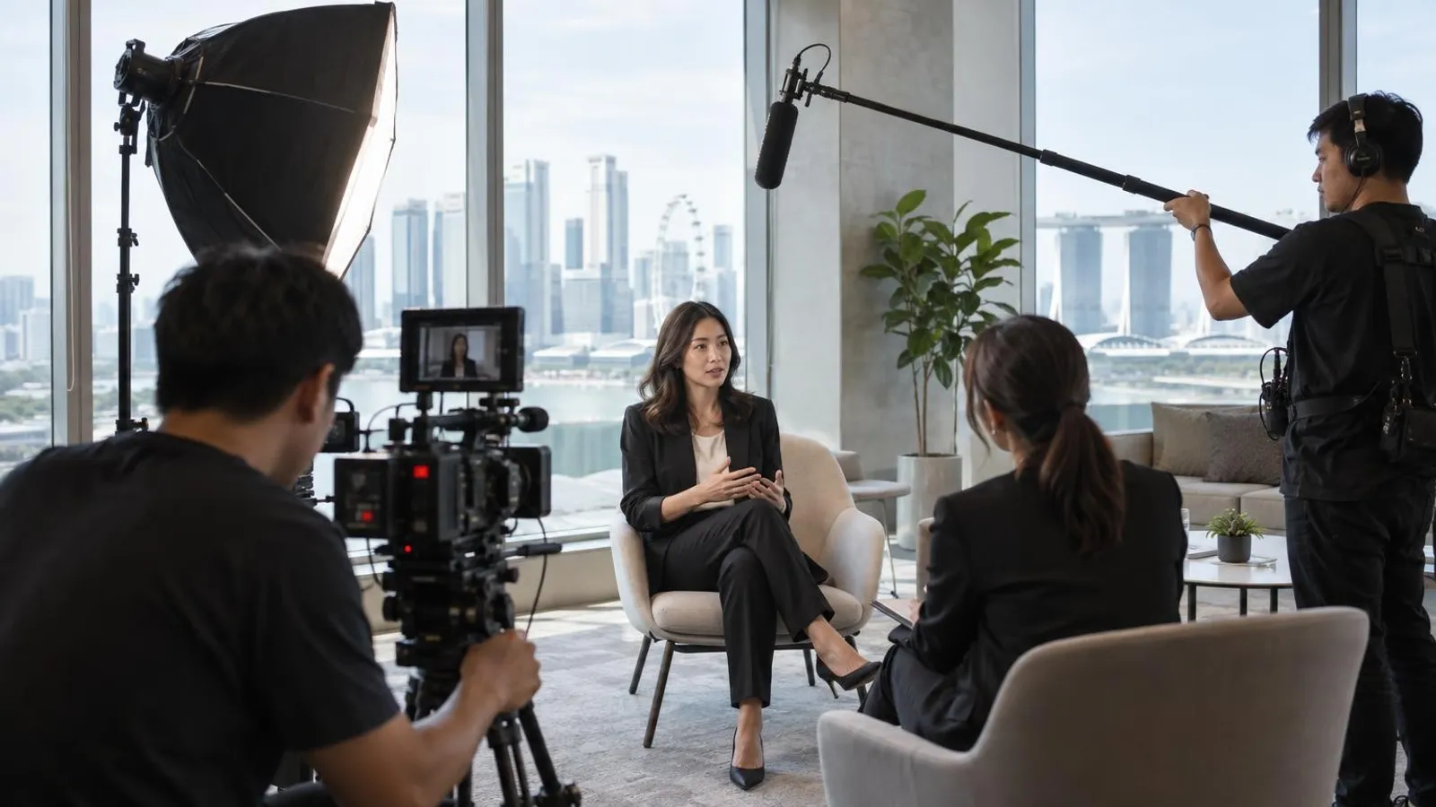 A video crew filming a corporate interview with a cinema camera and boom mic in a bright Singapore office