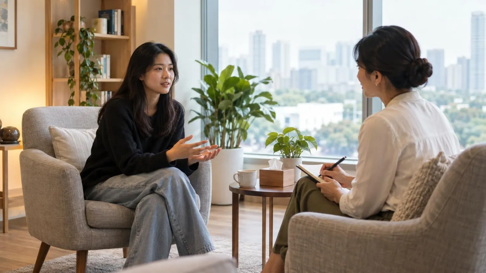 A calm counselling room in Singapore with two people seated in armchairs in quiet conversation