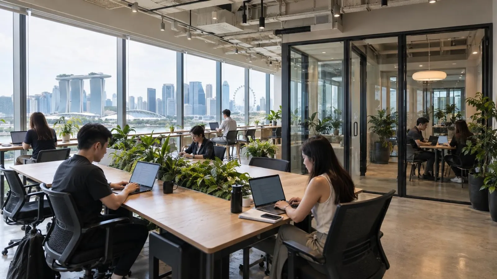 A bright Singapore coworking space with hot desks, meeting pods and city views
