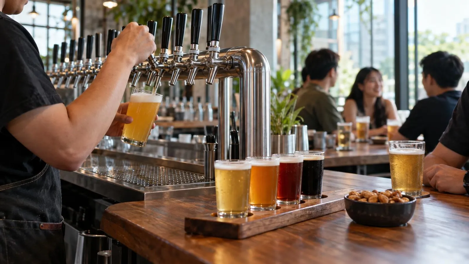 Craft beer taps and a tasting flight at a Singapore taproom